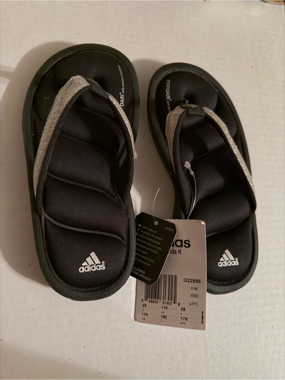 #194 adidas Girls Black Flip Flop Sandals with Silver Straps